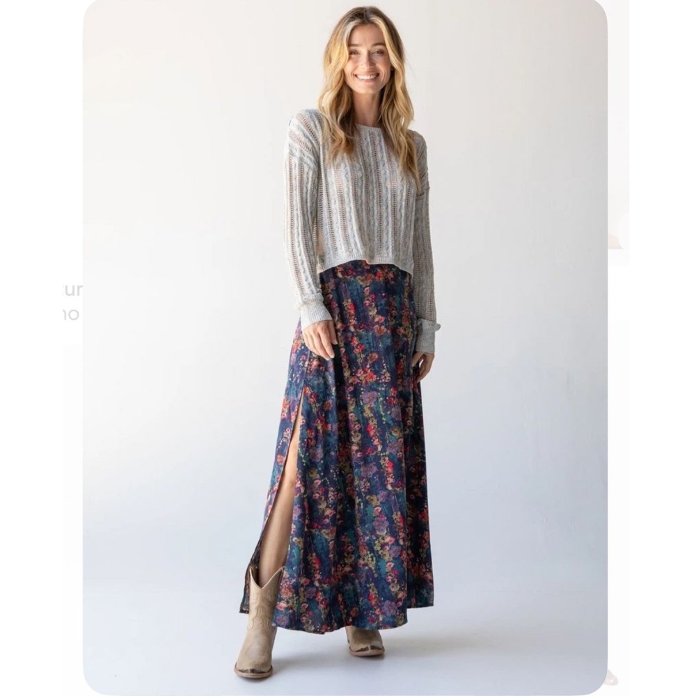 Natural Life Maxi Skirt Womens Large Blue Floral Boho Side Slit Bohemian Cottage